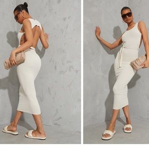Cream Rib Cut Out Back Detail Tie Waist Dress